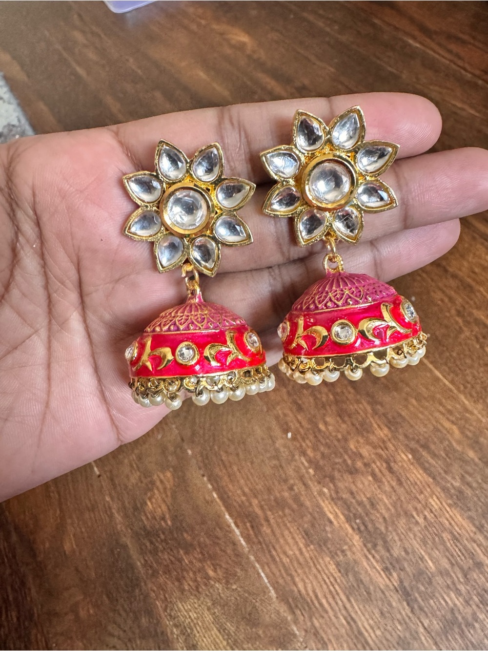 Handcrafted Gold-Tone Red Jhumka Earrings with Kundan Flower Tops